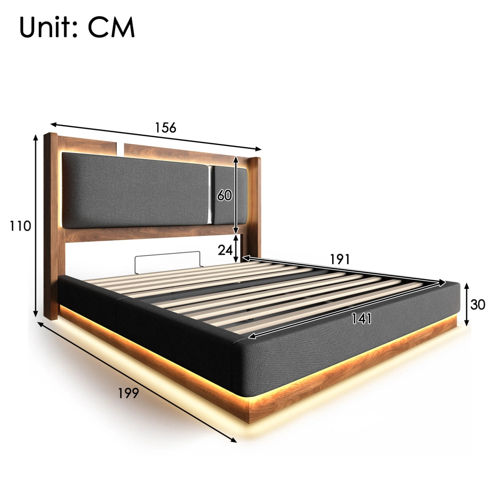 LETTO imbottito contenitore 140x190 cm con LED lino grigio e noce