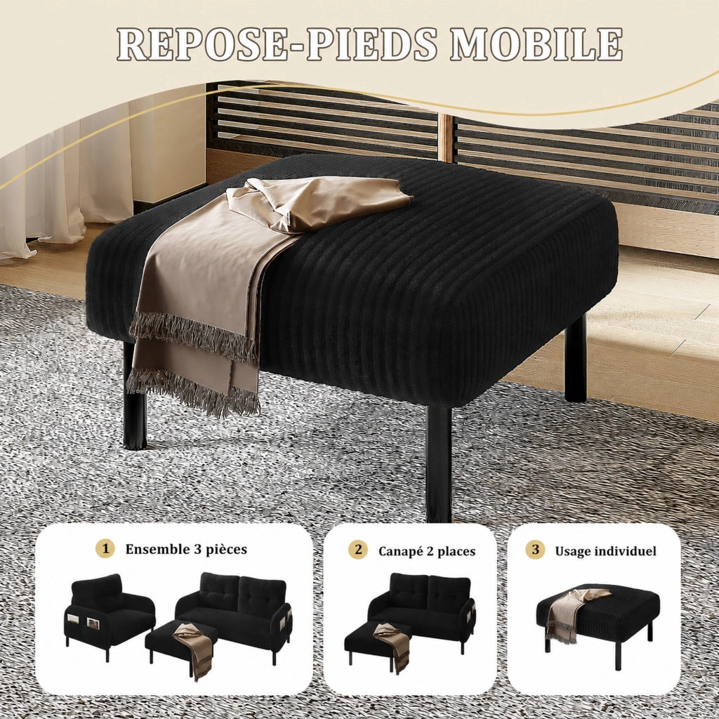 Pouf in corduroy con struttura in metallo, nero, compatto e versatile