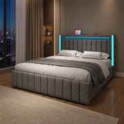 LETTO imbottito 140x200 cm grigio in lino con USB-C, LED e 4 cassetti