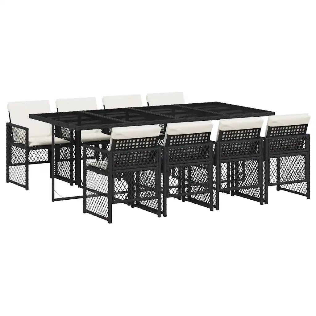 Set da Pranzo da Giardino 9 pz con Cuscini Nero in Polyrattan 3210738