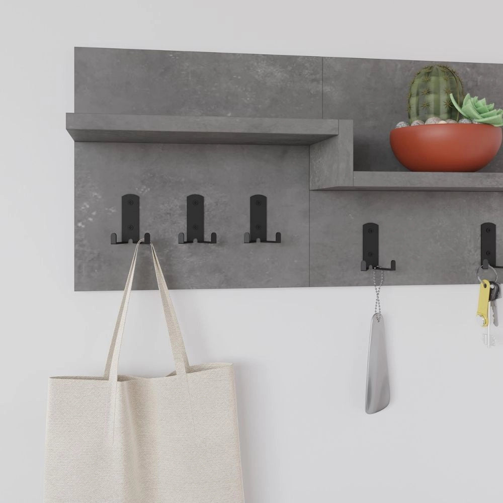 Appendiabiti a muro Harmon con mensole e 5 ganci – Design Funzionale in Stile Retro Grey