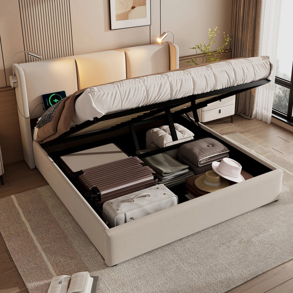 LETTO Contenitore 180x200 cm Beige in Lino con Luce da lettura e USB
