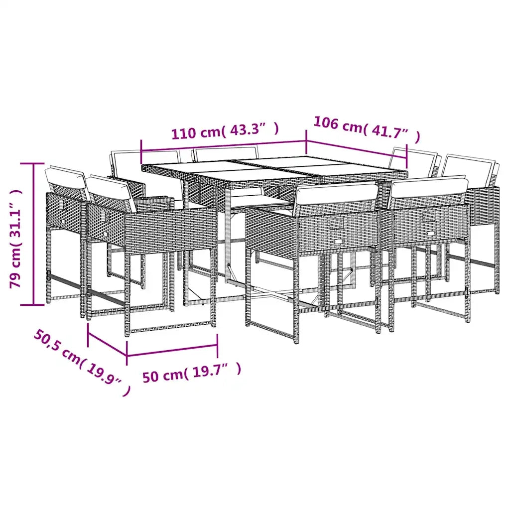Set da Pranzo da Giardino 9 pz con Cuscini Beige in Polyrattan 3278151