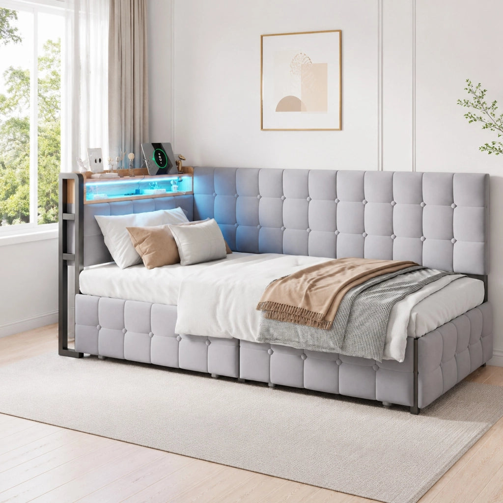 LETTO Contenitore 90x200 cm Grigio in tessuto con 2 cassetti, LED e USB-C