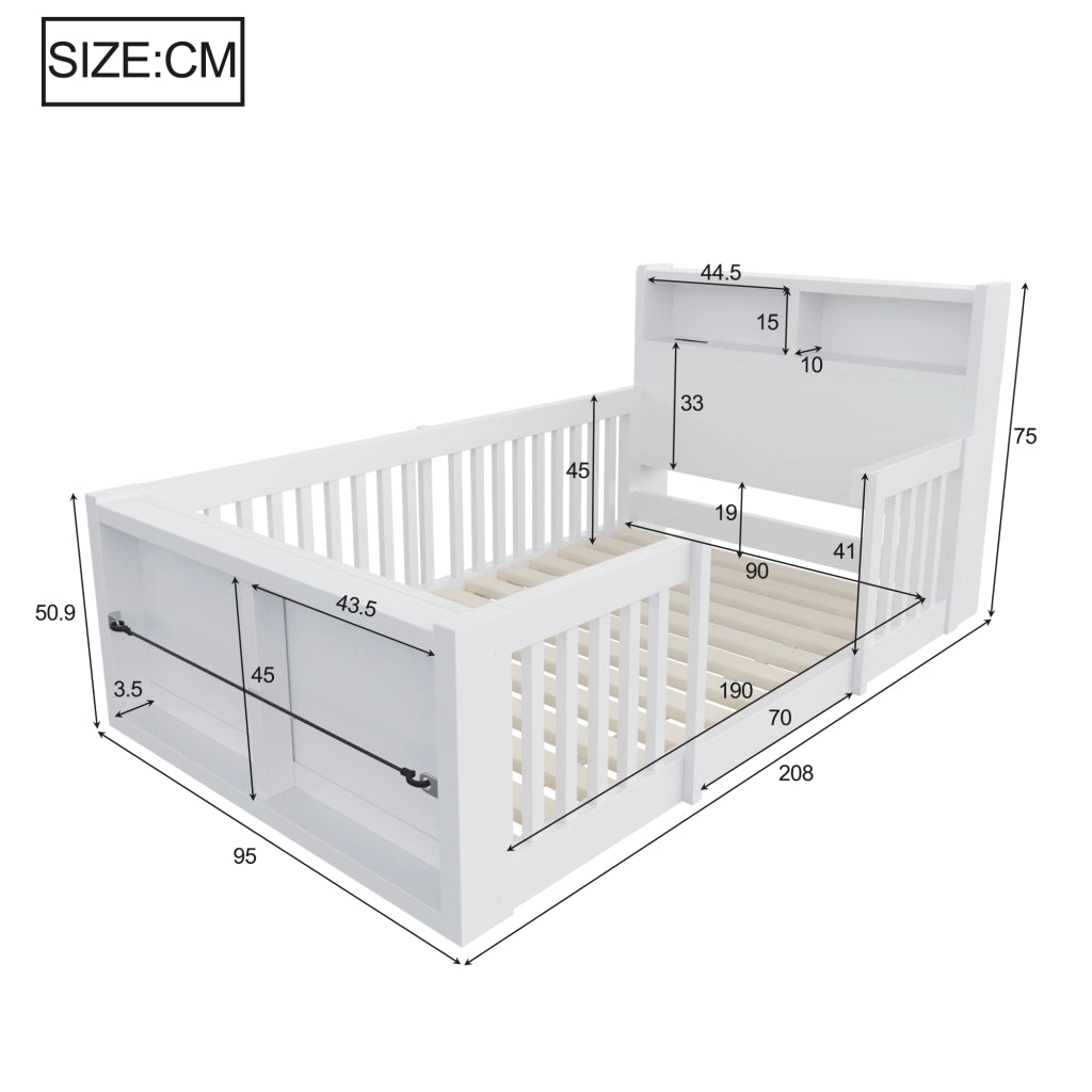 Letto multifunzione per bambini 90 x 190 cm con sponde alte, USB, luce notturna e vano contenitore, bianco