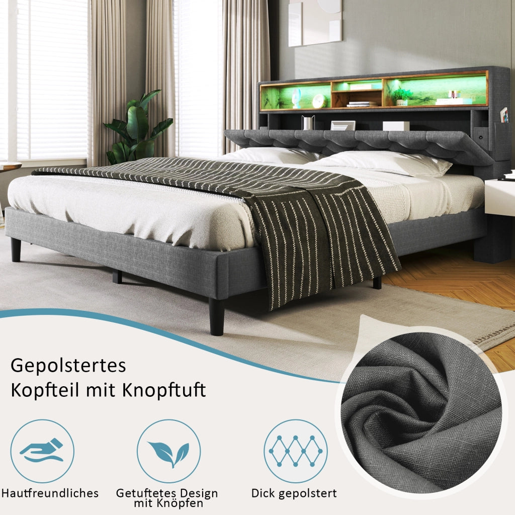 Letto matrimoniale imbottito 140x200 cm con testiera portaoggetti; LED e rete a doghe in legno; grigio