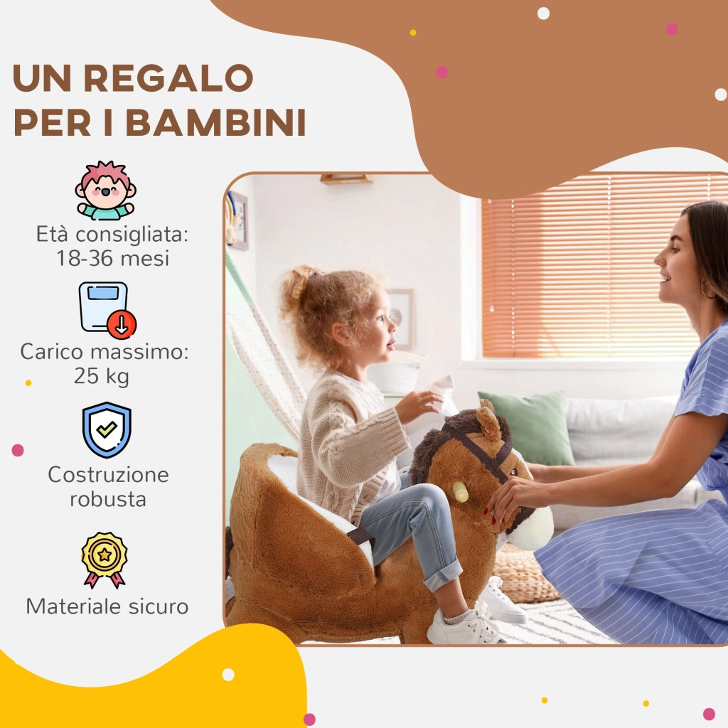 Cavallo a Dondolo per Bambini in Legno e Peluche Cavallo Marrone