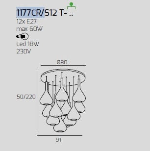 SOSPENSIONE CROMO 12 LUCI TONDA VETRI 6X TR + 6X AM 1177CR-S12 T-TA