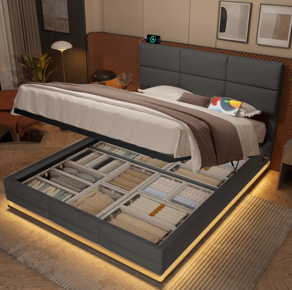 Letto matrimoniale 140x200 cm in velluto grigio scuro con testiera regolabile; LED e contenitore