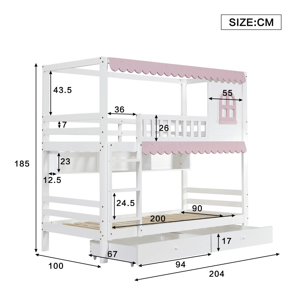 LETTO a castello 90x200 cm Bianco e Rosa con cassetti e ripiani