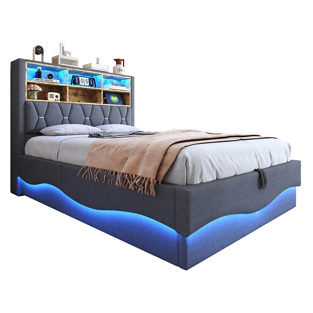 Letto-Xylo-140x200 cm-LED app, USB, metallo, lino grigio