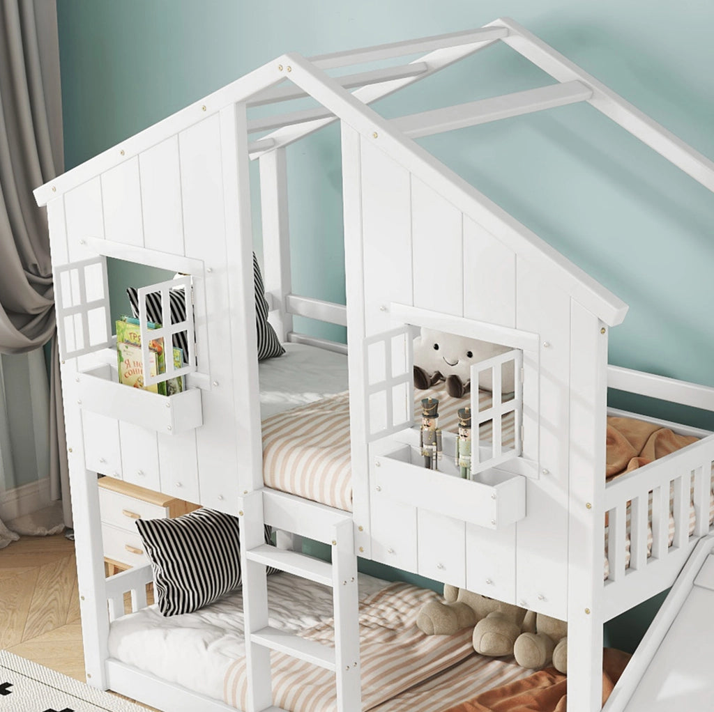 Letto a castello per bambini con scivolo, finestre e scala a 3 gradini