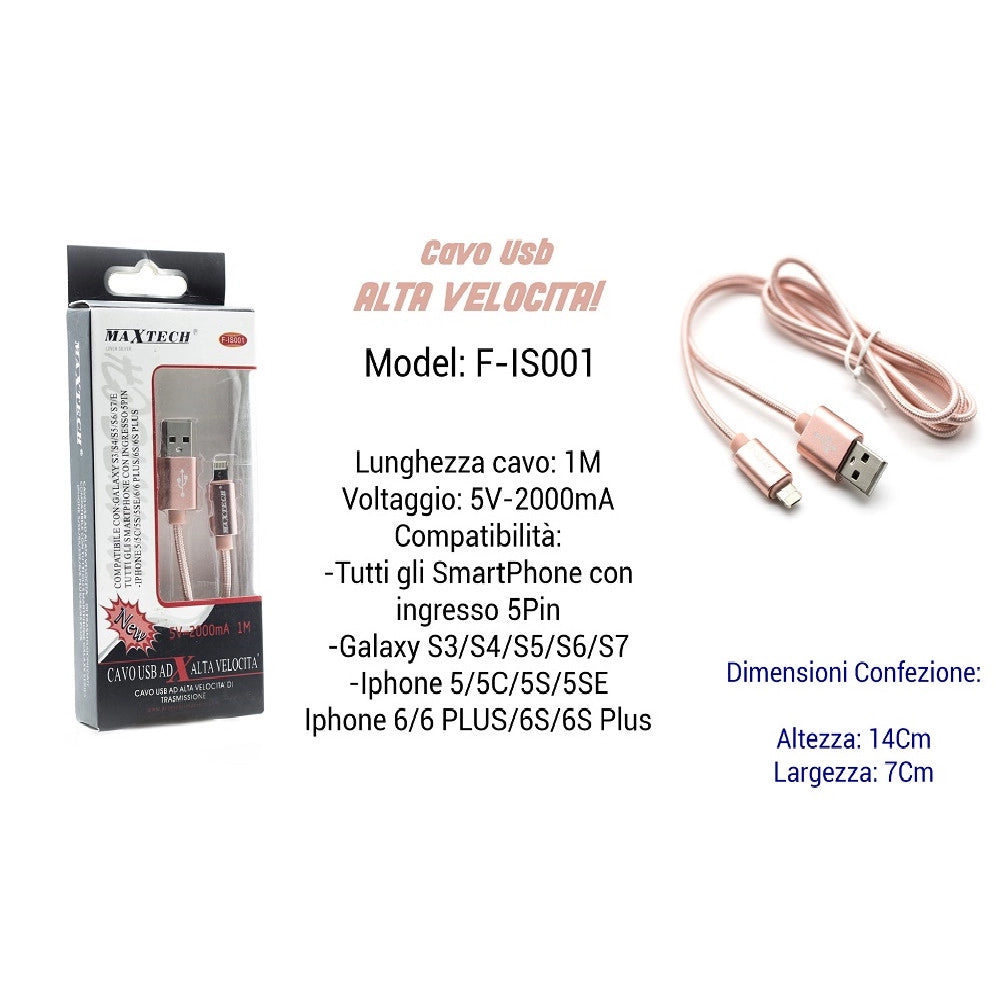 Trade Shop - Cavo Usb Ricarica Veloce Iphone Galaxy 5volt-2000ma 1,00mt 5 Pin Maxtech F-is001 -