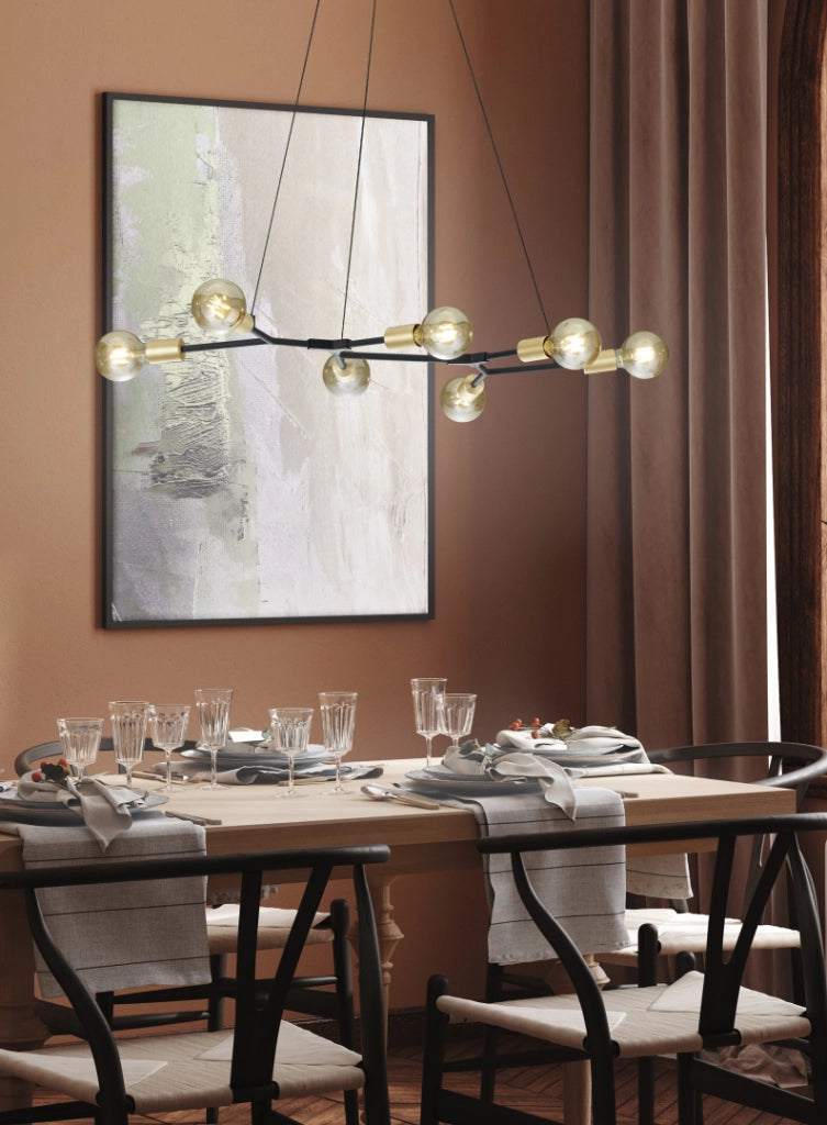 Lampada a sospensione 7 luci, metallo, nero e oro, L 130 cm, Cross