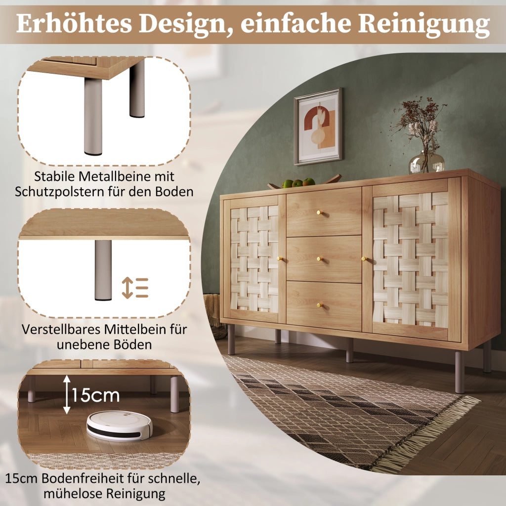 COMODA 120x40x75 cm Eiche con 2 ante e 3 cassetti, piedi in metallo
