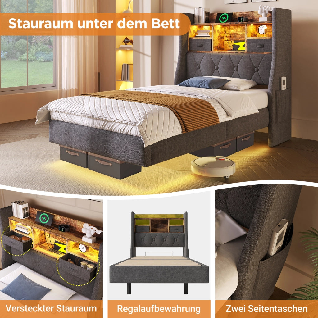 LETTO 140x200 cm in lino grigio con LED e porte USB Type-C