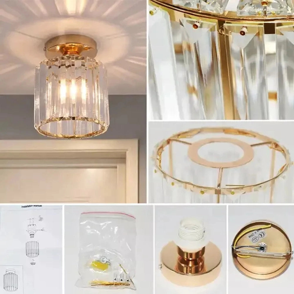 Trade Shop - Plafoniera Lampadario Da Soffitto A Cilindro Oro E27 In Cristallo Design Elegante -