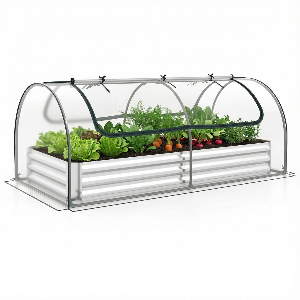 Letto da giardino rialzato zincato con copertura 2 porte a rullo, Serra da esterno per coltivazione di erbe aromatiche verdure Verde