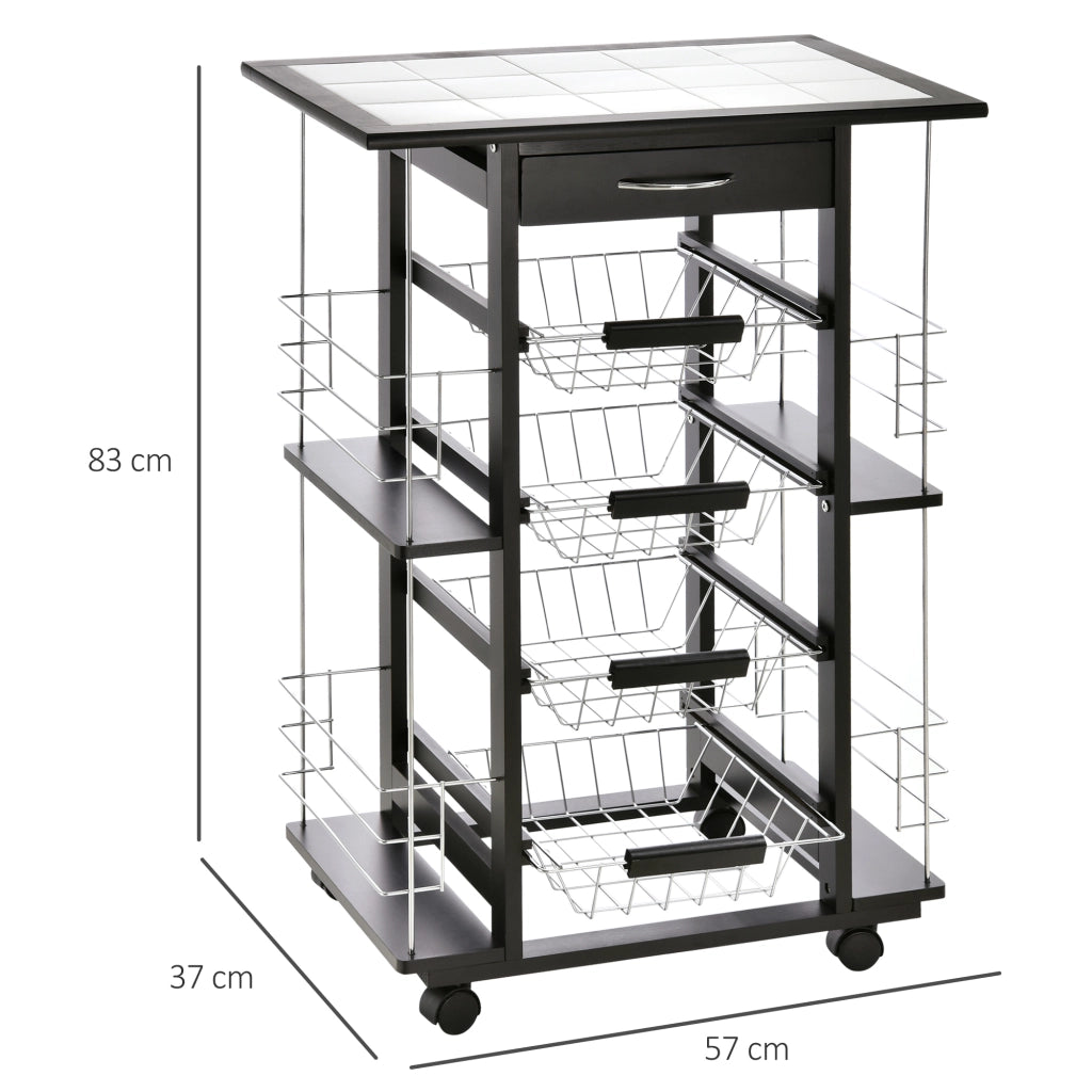 Carrello da Cucina con Cassetto ¨C Xylo ¨C 4 Cesti Estraibili, Piano Ceramica, 57x37x83cm Nero