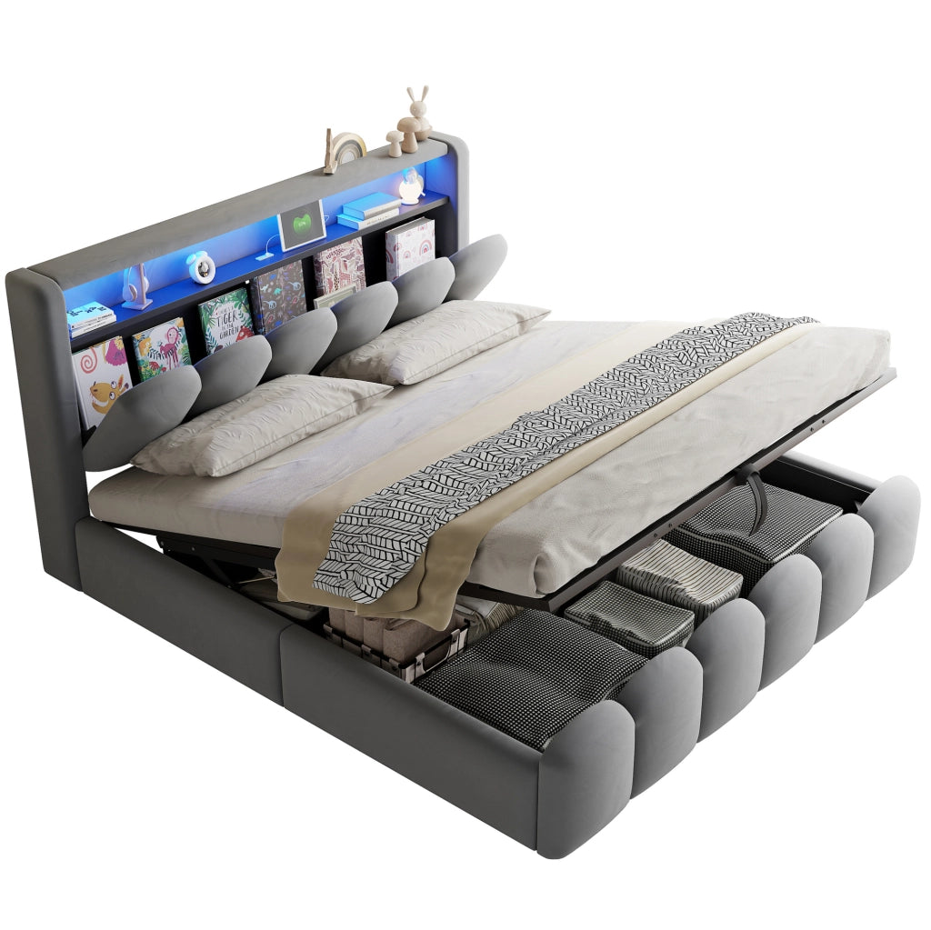 Letto imbottito matrimoniale 180x200 con contenitore, LED e porte USB/C