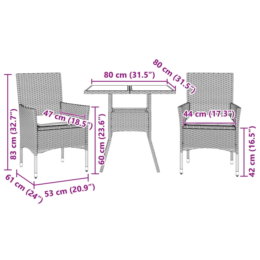 Set da Pranzo da Giardino 3pz con Cuscini in Polyrattan e Vetro 3278605
