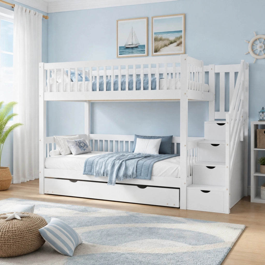 Letto a castello con letto estraibile, scala con vano contenitore e corrimano, bianco, 90x200/190 cm