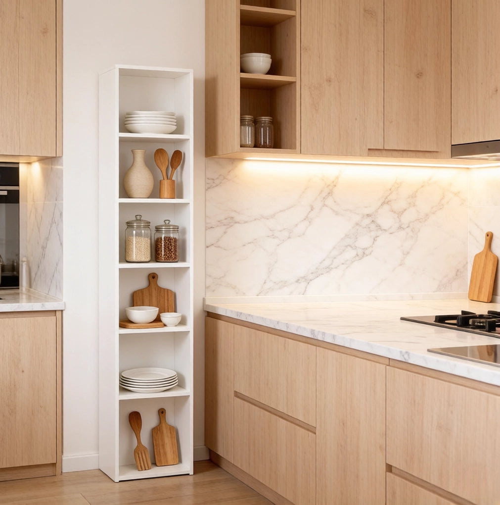 Libreria verticale bianca a 6 vani in MDF e truciolare