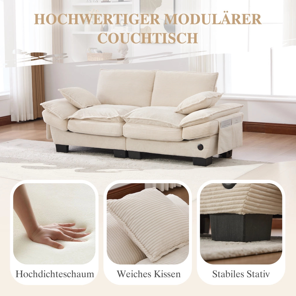 SOFA 2 POSTI 190x73x84 cm in Corduroy Beige con USB-C