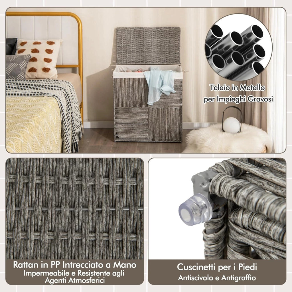 110 L Cesto Portabiancheria con Coperchio, Cesto per Bucato in Rattan con Comode Maniglie e Sacchetto Interno Rimovibile, per Camera da Letto Lavanderia Bagno, 27 x 33 x 62 cm