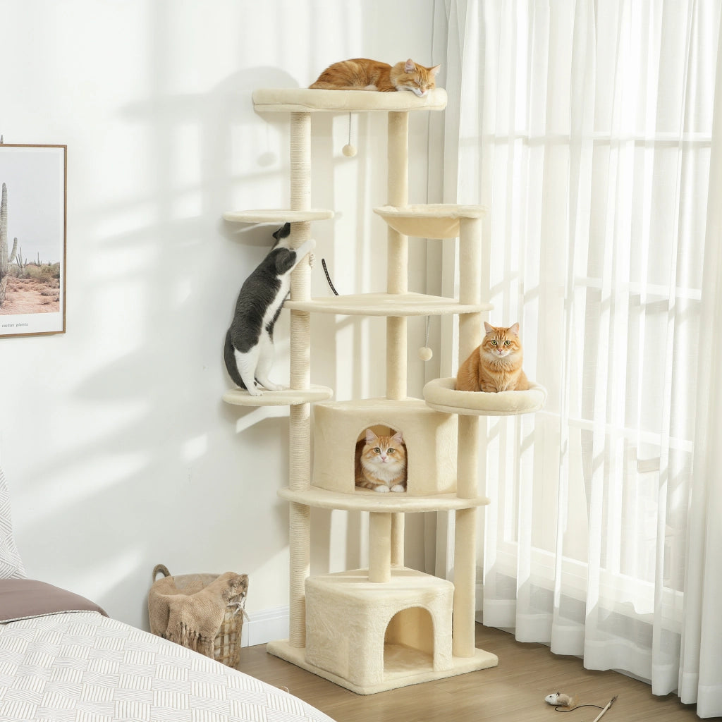Tiragraffi per gatti multilivello 200cm ¨C Xylo ¨C con 2 casette, 2 lettini e amaca, beige