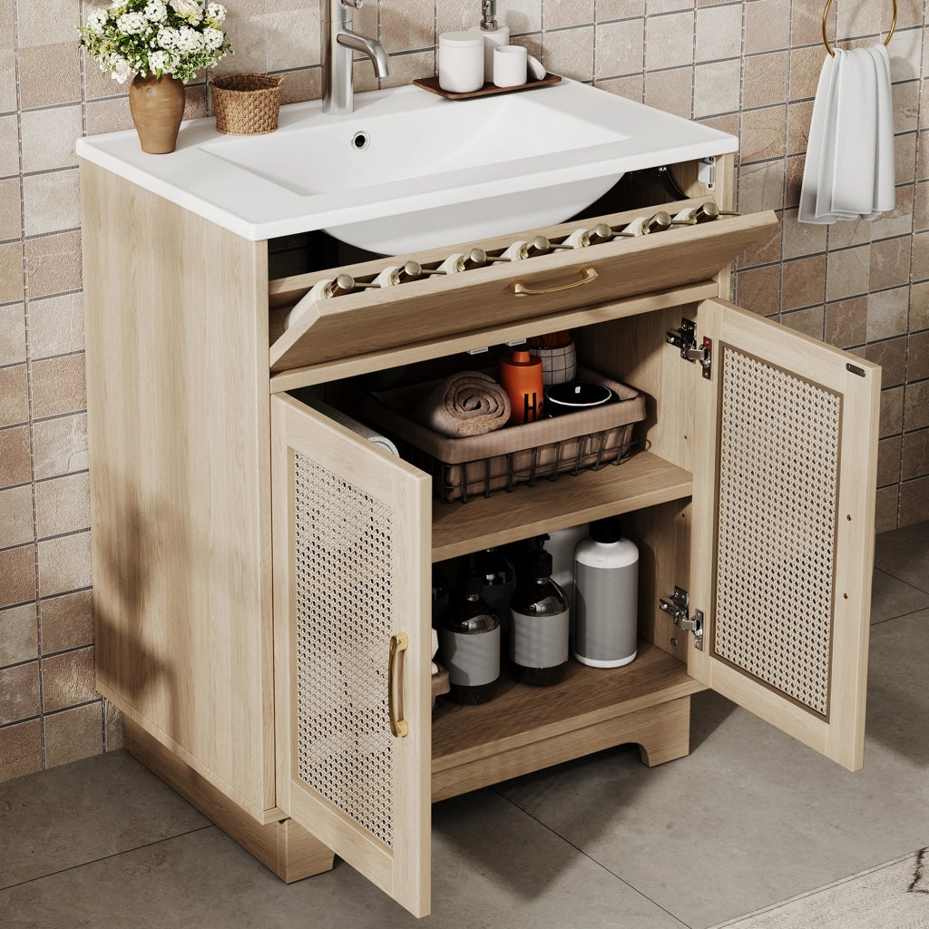 Mobile sottolavabo con lavabo in ceramica 2 ante ammortizzate e vano a ribalta per bagno naturale 76 × 46 × 88 cm