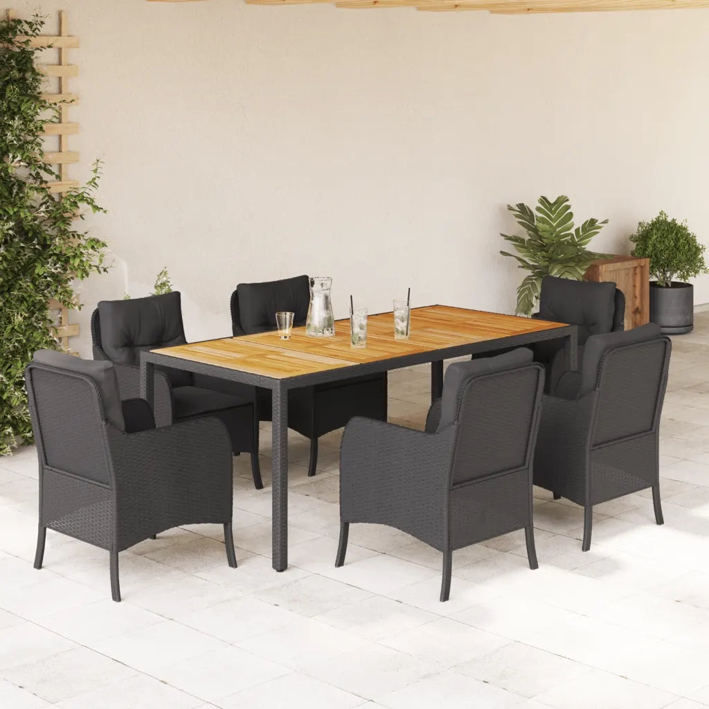 Set da Pranzo da Giardino 7 pz Nero con Cuscini in Polyrattan