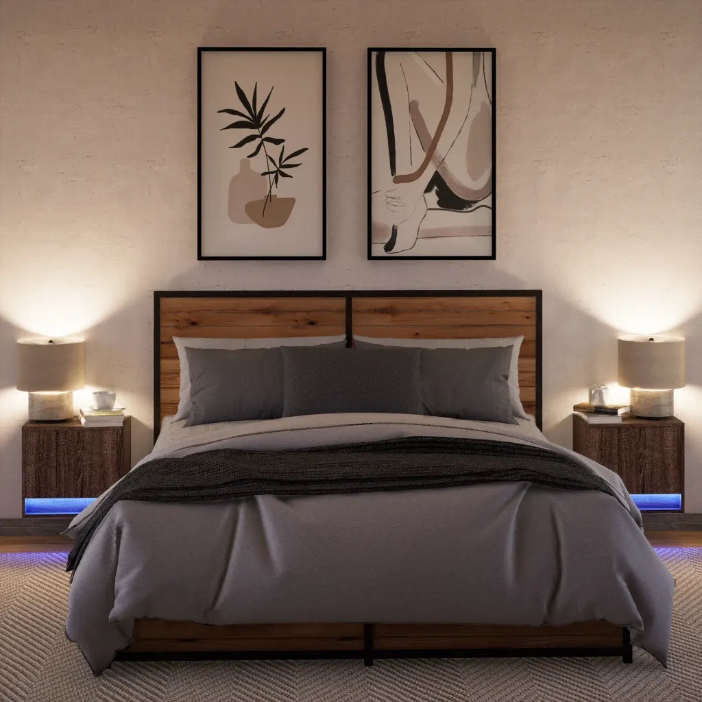 Comodini a Parete con luci LED 2 pz Rovere Marrone 852088