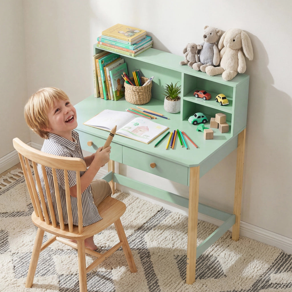 Scrivania per bambini con cassetti e scaffale ¨C Minimal ¨C Verde 90x52x105 cm