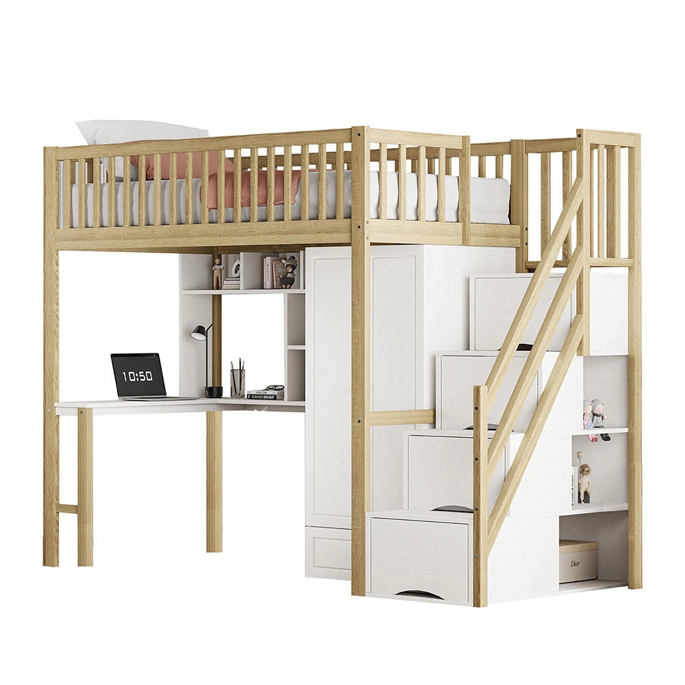 Letto a Soppalco Multifunzione – Xylo – 90x200cm, Legno Bianco, Grande Armadio, Scaffale, Tavolo, Scala, Ripostiglio