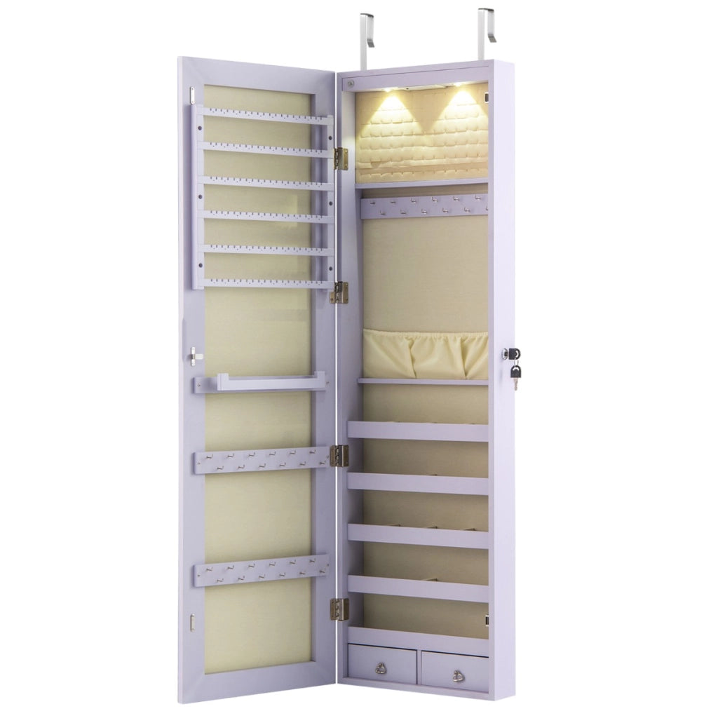 Armadio portagioie con specchio in legno a parete con LED interno 35,5x10x120cm Viola