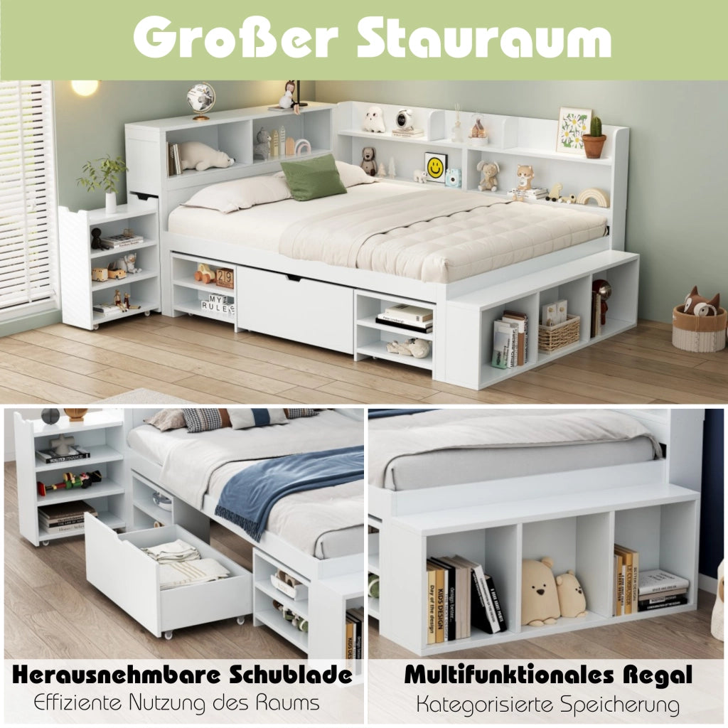LETTO Multifunzione 90x200 cm Bianco con cassetti e libreria