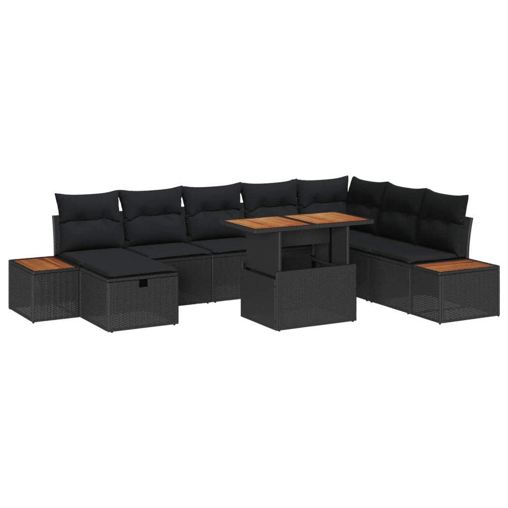 Set Divano da Giardino con cuscino 9 pcs Nero polyrattan