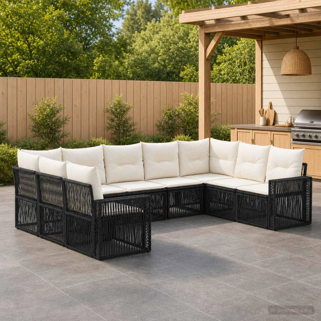 Set Divano da Giardino 9 pz Nero e Bianco Crema polyrattan 3435226