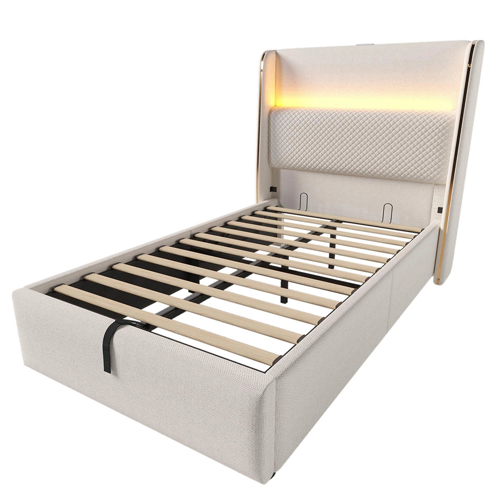 Letto 90x200cm?- Xylo - idraulico LED USB lino beige