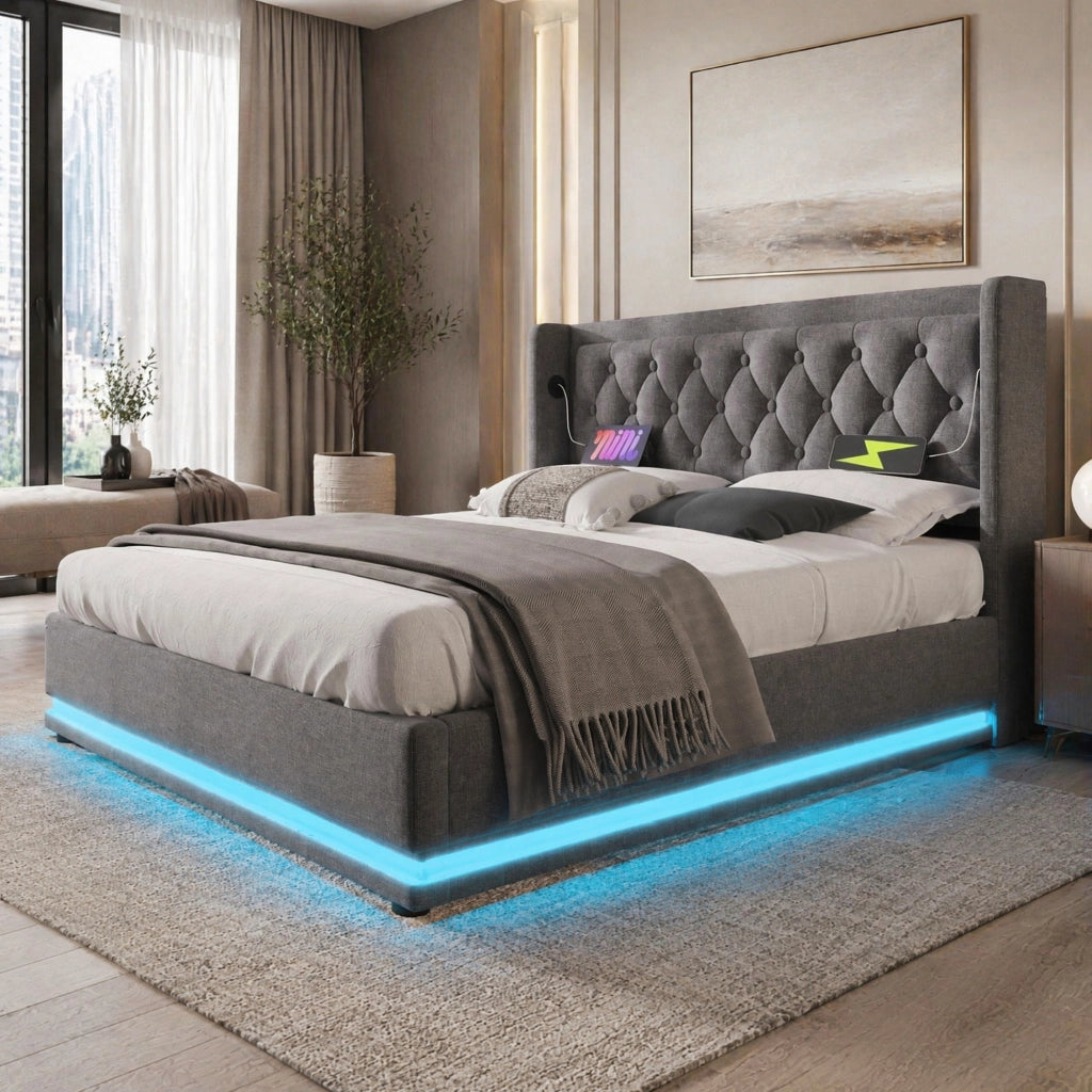 LETTO Contenitore 180x200 cm Grigio in Cotone con USB Type-C e LED