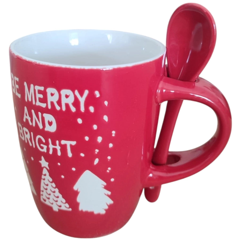 Set 2 Tazze Natalizie Gres Rosso 30cl con Cucchiaini Idea Regalo Natale