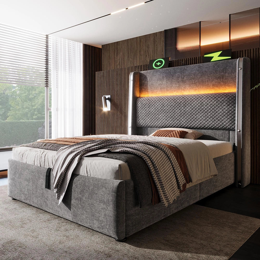 Letto 90x200cm?- Xylo - idraulico LED USB lino grigio