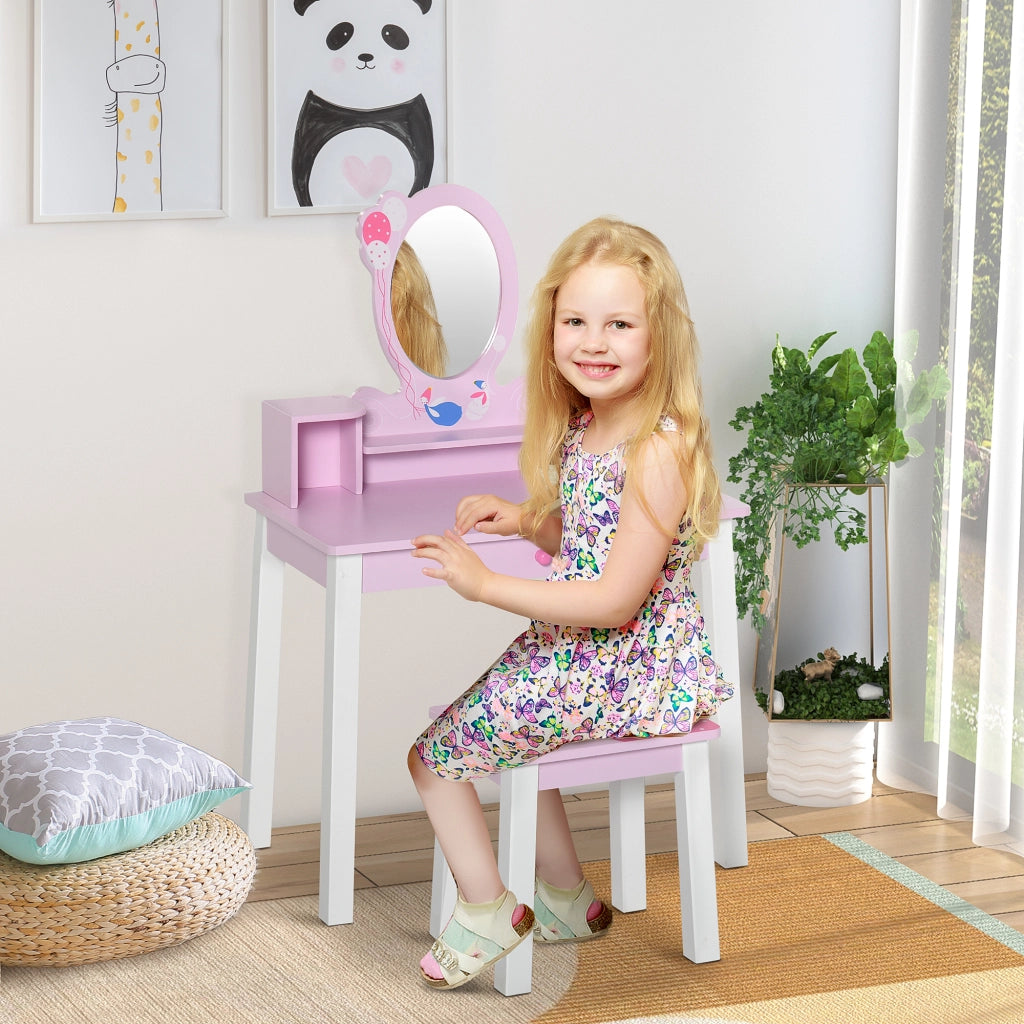 Tocador con Specchio e Sgabello per Bambini ¨C Minimal ¨C Rosa 60x34x93 cm