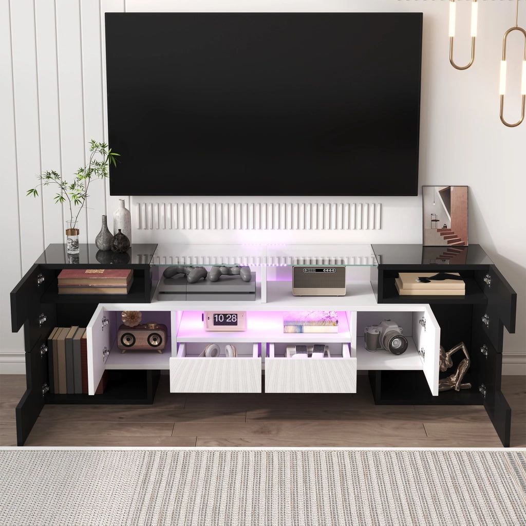 Credenza TV bianco lucido e nero in truciolare 145 cm