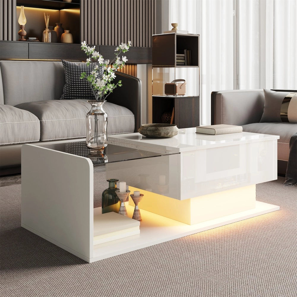 Tavolino da Caff¨¨ con Vetro e LED ¨C MINIMAL ¨C Bianco Lucido