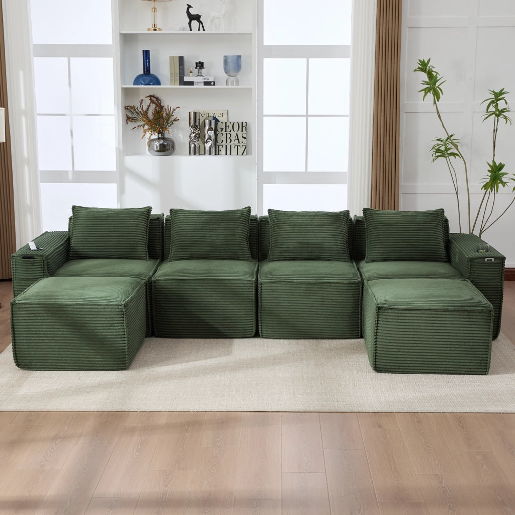 DIVANO modulare 4 posti in corduroy verde con 2 pouf