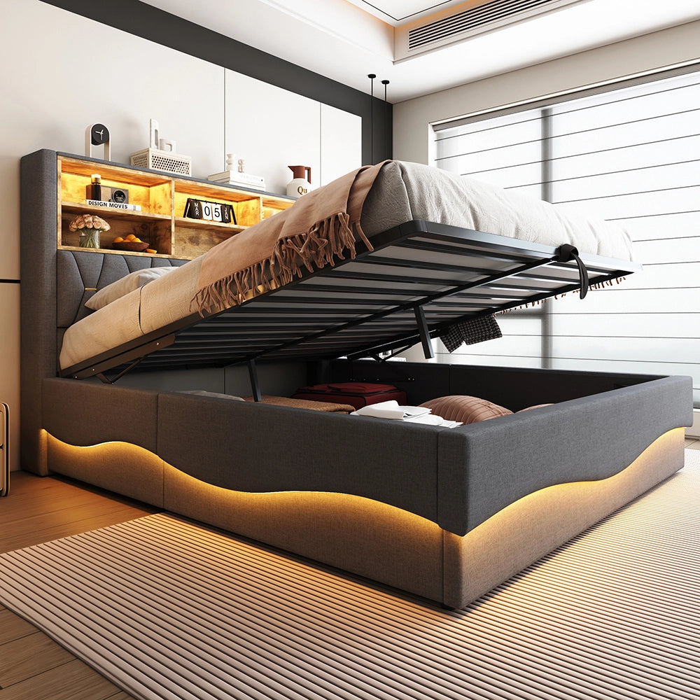 Letto-Xylo-180x200 cm-LED app, USB, metallo, lino grigio