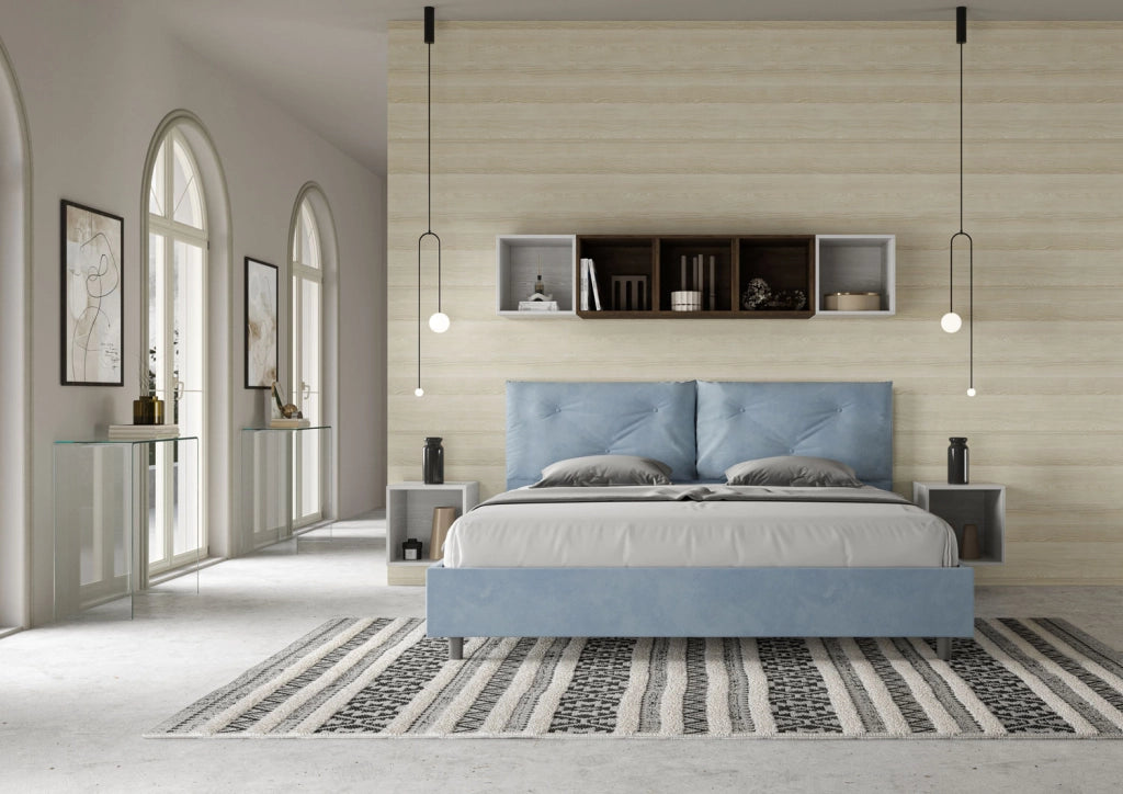BS COM Letto matrimoniale king size con rete imbottito 190x200 microfibra azzurro Large