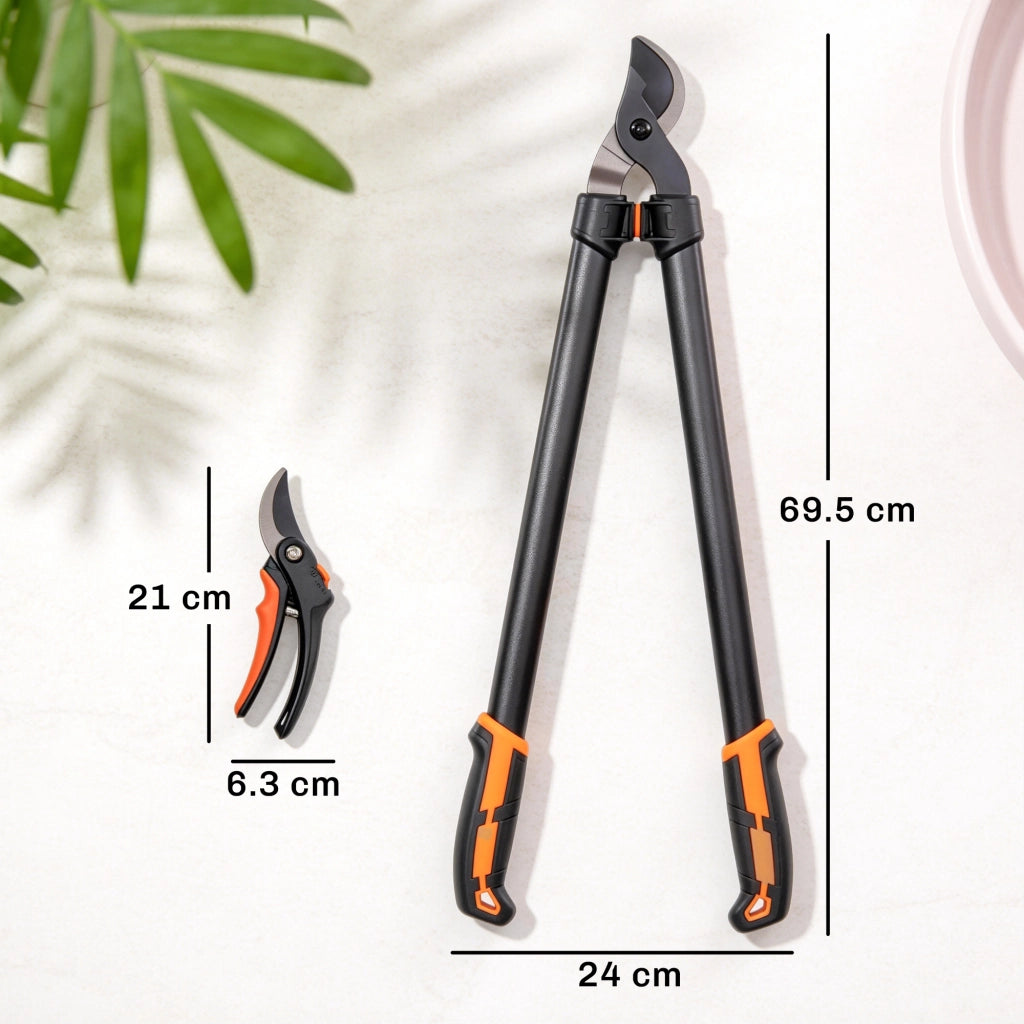 Set 2 Pezzi da Giardinaggio con Troncarami e Cesoie con Impugnatura Morbida e Blocco di Sicurezza in Acciaio Nero e